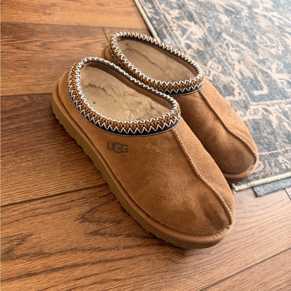 UGG Tan Suede Shearling-Lined Slip-On Mules